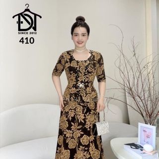Đầm trung niên dự tiệc sang trọng vải kim tuyến nhũ kim sa tặng mẹ co giãn tốt bigsize 80kg M410