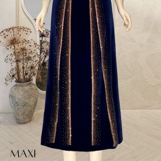 Đầm maxi trung niên dự tiệc sang trọng vải nhung cao cấp đính đá, tặng mẹ co giãn tốt bigsize 80kg M506