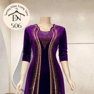 Đầm maxi trung niên dự tiệc sang trọng vải nhung cao cấp đính đá, tặng mẹ co giãn tốt bigsize 80kg M506