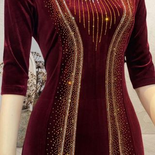 Đầm maxi trung niên dự tiệc sang trọng vải nhung cao cấp đính đá, tặng mẹ co giãn tốt bigsize 80kg M506