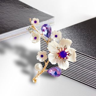 GHIM CÀI ÁO HÌNH CÀNH HOA ĐÍNH PHA LÊ TÍM THỜI TRANG CAO CẤP 6.5cm DÀNH CHO NỮ