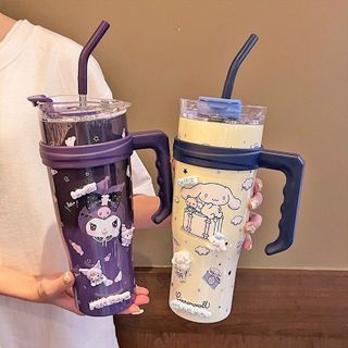 Ly Giữ Nhiệt Hình Hoạt Hình Chống Bụi Cốc Nước Cao Cấp, Ống Hút Dung Tích 1200ml có tay cầm