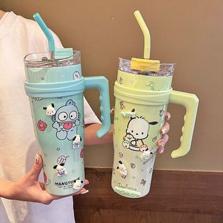 Ly Giữ Nhiệt Hình Hoạt Hình Chống Bụi Cốc Nước Cao Cấp, Ống Hút Dung Tích 1200ml có tay cầm