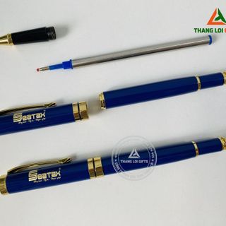 Bút ký kim loại Nắp đẩy Màu xanh khoen vàng Khắc logo doanh nghiệp SEATAX