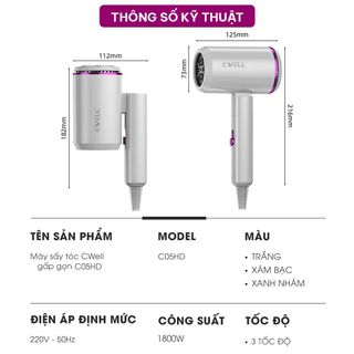 Máy sấy tóc mini gập gọn CWell C05HD, máy sấy tóc công suất lớn 1800W