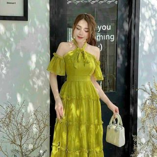 ĐẦM TRỄ VAI TAY BÈO CỘT NƠ CỐ MOOKING PHÍA SAU (CÓ MÚT)