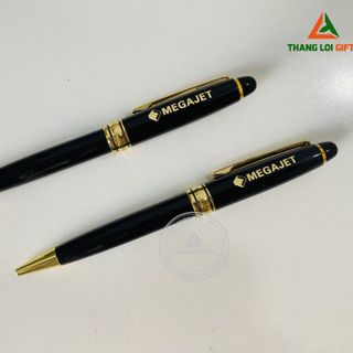 Bút ký kim loại Xoay Màu đen khoen vàng Khắc logo doanh nghiệp MEGAJET