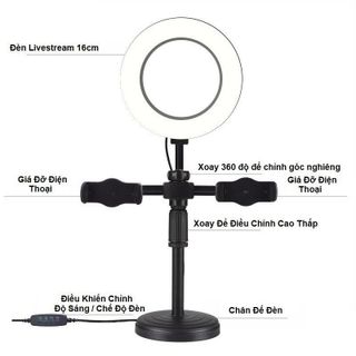 Đèn livestream để bàn có 2 kẹp điện thoại, 3 chế độ màu điều chỉnh ánh sáng, hỗ trợ quay Tiktok, Make Up, Bán Hàng