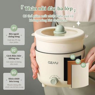 Nồi LẨU MINI Đa Năng OZHU 2 Nấc Nhiệt Kèm Giá Hấp