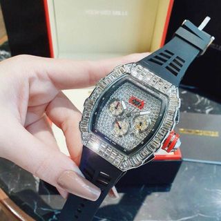 ĐỒNG HỒ NAM DÂY CAO SU TRUNG CẤP RI.CHA MI.LLE MẶT CHỮ NHẬT ĐÍNH ĐÁ SANG CHẢNH