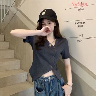 Áo thun tay ngắn vạt xéo phối nút PHO