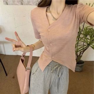 Áo thun tay ngắn vạt xéo phối nút PHO