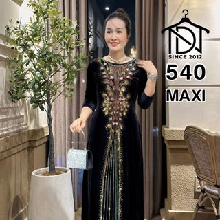 Đầm MAXI trung niên dự tiệc sang trọng vải nhung cao cấp đính đá, tặng mẹ co giãn tốt bigsize 75kg M540