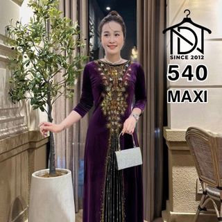 Đầm MAXI trung niên dự tiệc sang trọng vải nhung cao cấp đính đá, tặng mẹ co giãn tốt bigsize 75kg M540