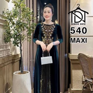 Đầm MAXI trung niên dự tiệc sang trọng vải nhung cao cấp đính đá, tặng mẹ co giãn tốt bigsize 75kg M540