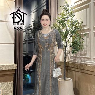 Đầm maxi dạ hội trung niên chất nhũ kim sa co giãn cực tốt cho mẹ dự tiệc sang trọng bigsize 75KG M535