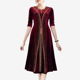 Đầm midi trung niên dự tiệc sang trọng vải nhung cao cấp đính đá, tặng mẹ co giãn tốt bigsize 80kg M516
