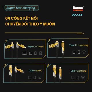 Dây cáp sạc nhanh 4 trong 1 chuẩn 65w, siêu bền sạc nhanh, sạc cho macbook, smartphone, laptop
