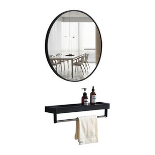 Gương nhà tắm và kệ gương, gương kiểu tròn kích thước 40cm khung nhôm màu đen chắc chắn