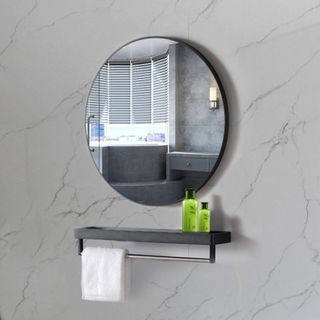 Gương nhà tắm và kệ gương, gương kiểu tròn kích thước 40cm khung nhôm màu đen chắc chắn