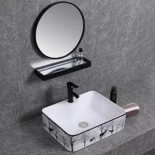 Gương nhà tắm và kệ gương, gương kiểu tròn kích thước 40cm khung nhôm màu đen chắc chắn
