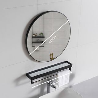 Gương nhà tắm và kệ gương, gương kiểu tròn kích thước 40cm khung nhôm màu đen chắc chắn