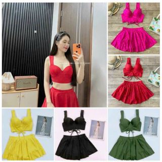 Bộ bơi áo tắm bikini 2 mảnh áo có dây điều chỉnh sau lưng kèm chân váy có quần bảo hộ màu trơn cá tính