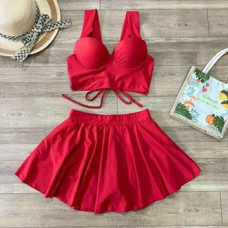 Bộ bơi áo tắm bikini 2 mảnh áo có dây điều chỉnh sau lưng kèm chân váy có quần bảo hộ màu trơn cá tính