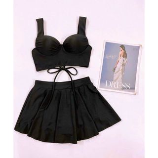 Bộ bơi áo tắm bikini 2 mảnh áo có dây điều chỉnh sau lưng kèm chân váy có quần bảo hộ màu trơn cá tính