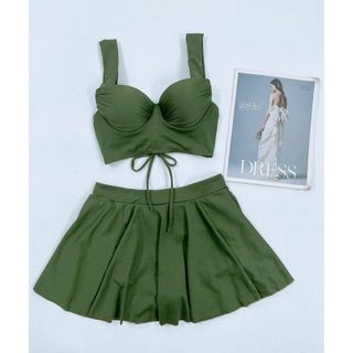 Bộ bơi áo tắm bikini 2 mảnh áo có dây điều chỉnh sau lưng kèm chân váy có quần bảo hộ màu trơn cá tính