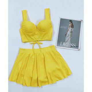 Bộ bơi áo tắm bikini 2 mảnh áo có dây điều chỉnh sau lưng kèm chân váy có quần bảo hộ màu trơn cá tính