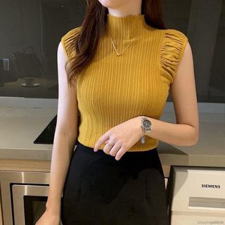Áo len nữ mỏng cổ 3 phân tay bèo nhún cộc tay ngắn tay co giãn chất liệu len mềm mịn không xù lông