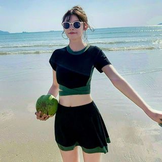 Bộ bơi áo tắm bikini áo cộc chân váy kèm quần có dây thắt eo điệu đà