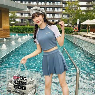 Bộ bơi áo tắm bikini áo cộc tay chân váy kèm quần Sport cá tính màu hồng , xanh , đen