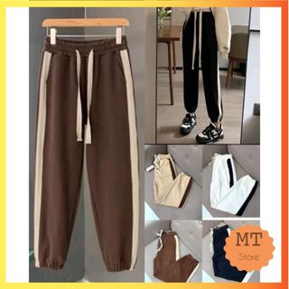 Quần Jogger Nữ Nỉ Nhung Tăm Mịn Chất Co Giãn Kết Hợp Phối Sọc Dệt Hai Bên Bo Chun Gấu Phong Cách Hàn Quốc