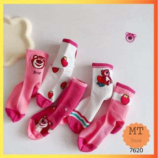Set 5 đôi tất vớ gấu dâu hồng trẻ em bé gái dễ thương cho bé 1 2 3 4 5 6 7 8 9 10 11 12 tuổi