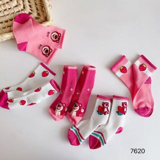 Set 5 đôi tất vớ gấu dâu hồng trẻ em bé gái dễ thương cho bé 1 2 3 4 5 6 7 8 9 10 11 12 tuổi