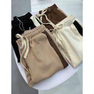 Quần Jogger Nữ Nỉ Nhung Tăm Mịn Chất Co Giãn Kết Hợp Phối Sọc Dệt Hai Bên Bo Chun Gấu Phong Cách Hàn Quốc
