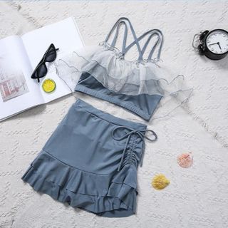Bộ bơi áo tắm bikini áo 2 dây đan lưng phối ren bèo tiểu thư chân váy kèm quần 2 màu xanh , hồng