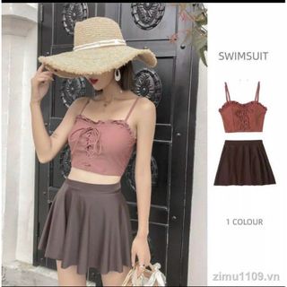 Bộ bơi áo tắm bikini 2 mảnh áo 2 dây có mút ngực chân váy kèm quần phong cách Hàn Quốc