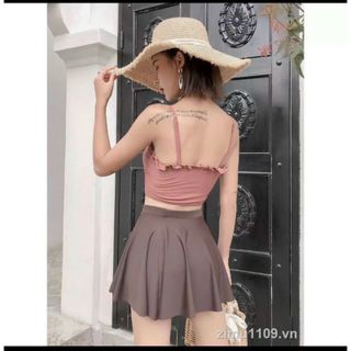 Bộ bơi áo tắm bikini 2 mảnh áo 2 dây có mút ngực chân váy kèm quần phong cách Hàn Quốc