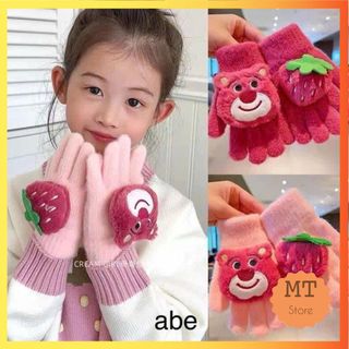 Găng tay gấu dâu hồng cho bé gái kute chất liệu len mịn xinh xắn 2-7 tuổi