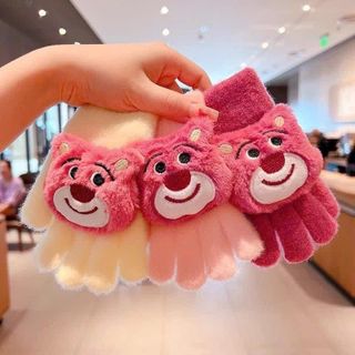 Găng tay gấu dâu hồng cho bé gái kute chất liệu len mịn xinh xắn 2-7 tuổi