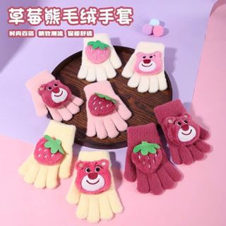 Găng tay gấu dâu hồng cho bé gái kute chất liệu len mịn xinh xắn 2-7 tuổi
