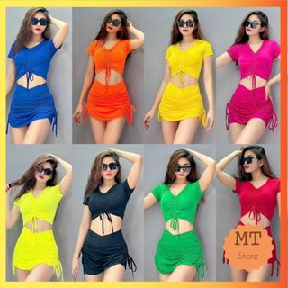 Bikini bộ đồ bơi nữ áo tắm đồ tập thể thao AEROBIC GYM 2 mảnh áo crop ngắn tay, quần giả váy dây rút nhiều màu