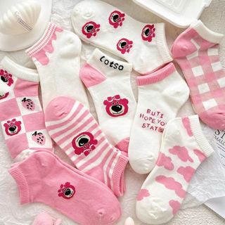 Set 5 Đôi Tất Vớ Nữ Cổ Ngắn Hoạ Tiết Gấu Dâu Hồng Siêu Hot