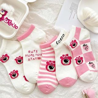 Set 5 Đôi Tất Vớ Nữ Cổ Ngắn Hoạ Tiết Gấu Dâu Hồng Siêu Hot