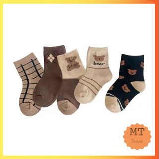 Tất Vớ Cotton Cho Trẻ Em Bé Trai Bé Gái 1 2 3 4 5 6 7 8 9 10 11 12 Tuổi Cổ Cao Tone Nâu Phối Hình Gấu Dễ Thương
