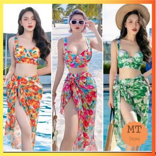 Đồ bơi áo tắm bikini 2 mảnh set 3 món lưng cao kèm khăn von hoa màu sắc sặc sỡ áo mút dày độn nâng ngực đi biển đẹp
