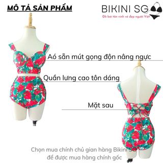 Đồ bơi áo tắm bikini 2 mảnh set 3 món lưng cao kèm khăn von hoa màu sắc sặc sỡ áo mút dày độn nâng ngực đi biển đẹp